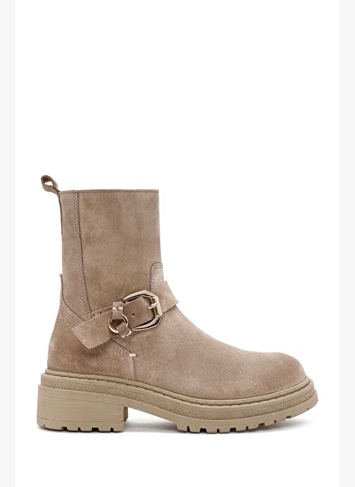Kadın Bej Fermuarlı Kalın Tabanlı Süet Deri Bot 25WFD183210 - Görsel 2