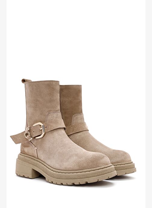 Kadın Bej Fermuarlı Kalın Tabanlı Süet Deri Bot 25WFD183210 - Görsel 5