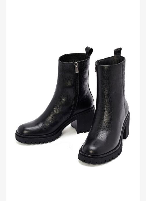 Kadın Siyah Topuklu Fermuarlı Deri Bot 25WFD2008FT - Görsel 4
