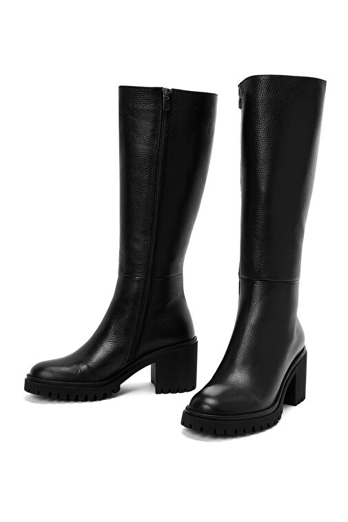 Kadın Siyah Fermuarlı Kalın Topuklu Deri Çizme 24WFD2024FT - Görsel 4