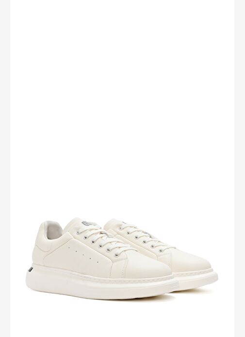 Erkek Beyaz Bağcıklı Kalın Tabanlı Deri Sneaker 25WFD690318 - Görsel 4