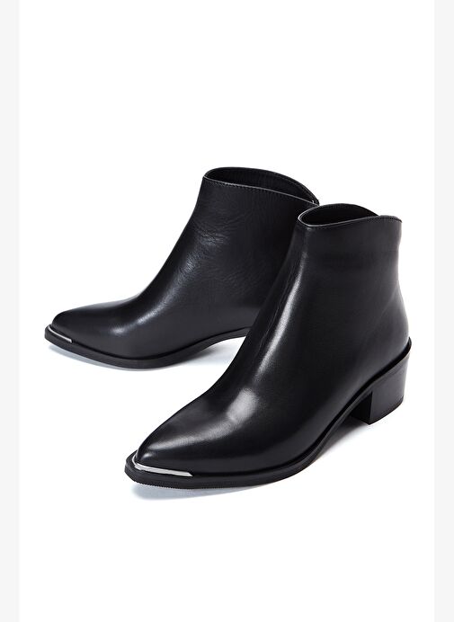 Kadın Siyah Fermuarlı Kısa Topuklu Deri Bot 25WFD280018 - Görsel 4