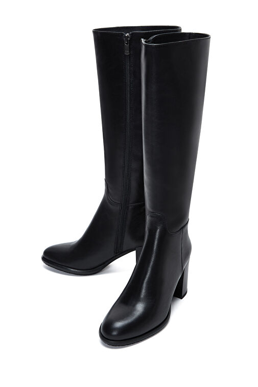 Kadın Siyah Fermuarlı Kalın Topuklu Deri Çizme 24WFD281018 - Görsel 4