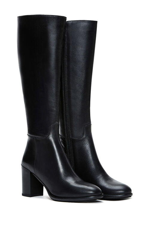 Kadın Siyah Fermuarlı Kalın Topuklu Deri Çizme 24WFD281018 - Görsel 6