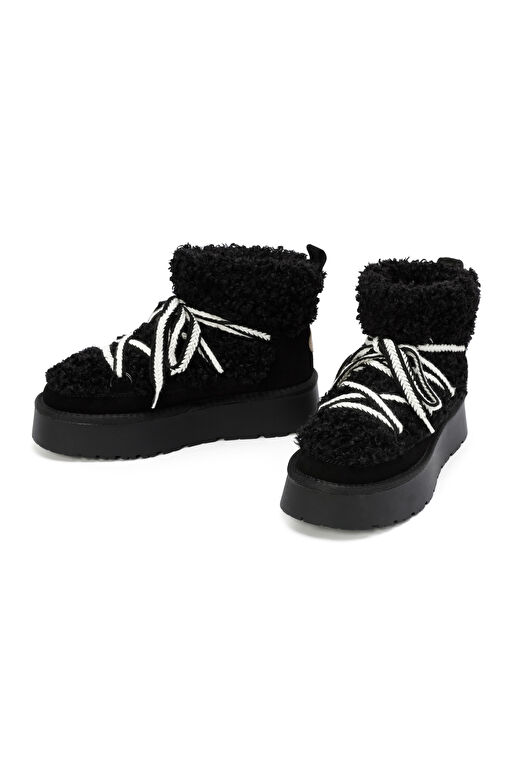 Kadın Siyah Kalın Tabanlı Kürklü Deri Bot 24WFD405214 - Görsel 4