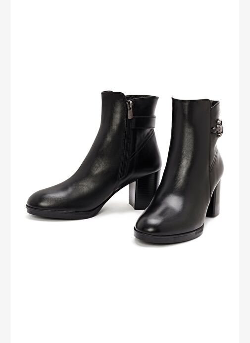 Kadın Siyah Fermuarlı Kalın Topuklu Deri Bot 25WFD411618 - Görsel 4