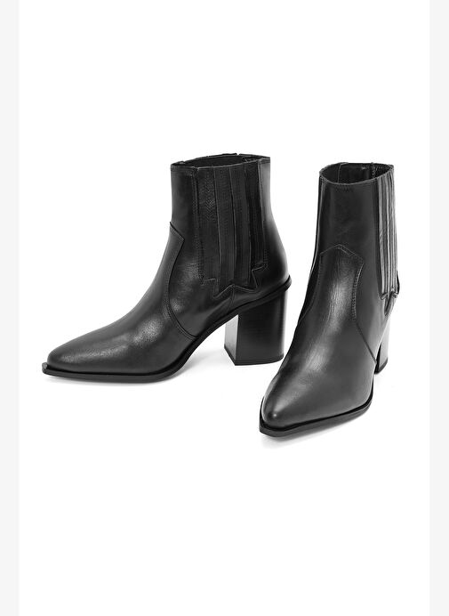 Kadın Siyah Kalın Topuklu Deri Kovboy Bot 25WFD160918 - Görsel 4