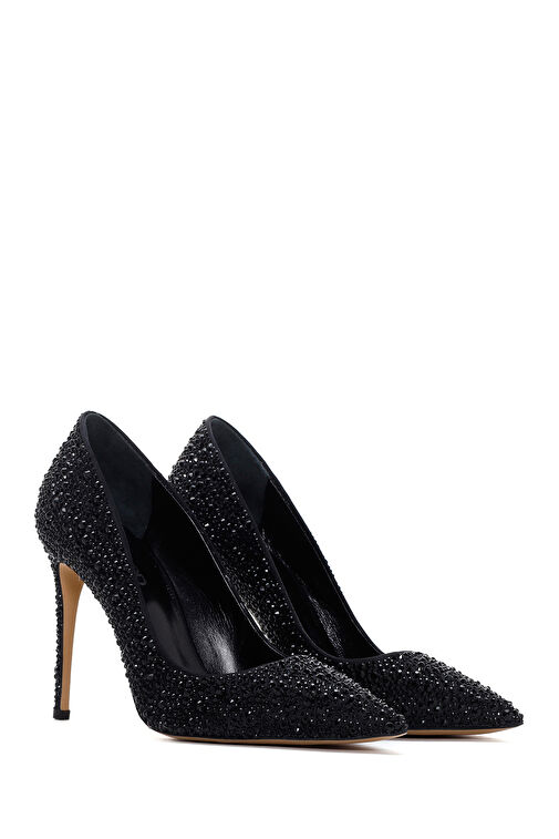 Kadın Siyah Taşlı Yüksek İnce Topuklu Deri Stiletto 24WFD1203TS - Görsel 4