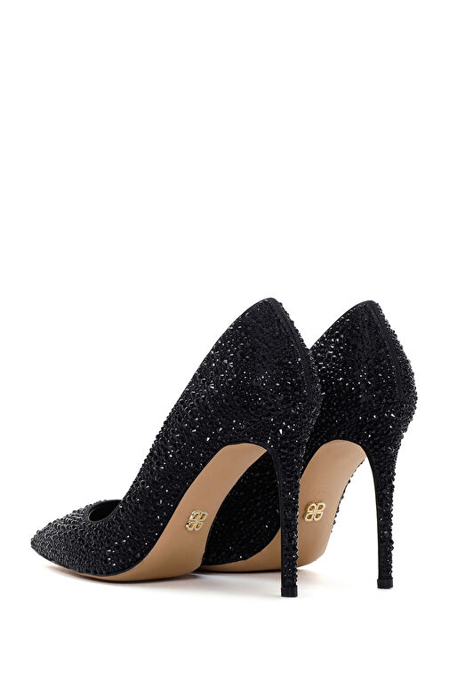 Kadın Siyah Taşlı Yüksek İnce Topuklu Deri Stiletto 24WFD1203TS - Görsel 7