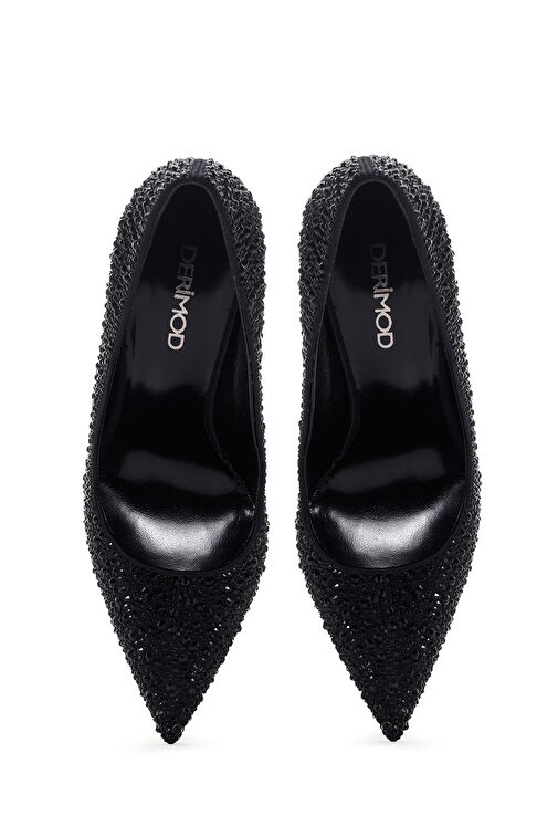 Kadın Siyah Taşlı Yüksek İnce Topuklu Deri Stiletto 24WFD1203TS - Görsel 8