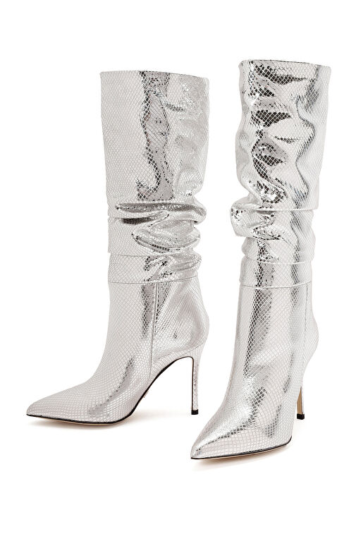 Kadın Gri İnce Topuklu Metalik Deri Çizme 24WFD122332 - Görsel 4