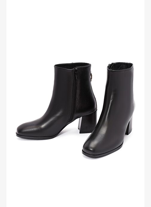 Kadın Siyah Fermuarlı Kalın Topuklu Deri Bot 25WFD161014 - Görsel 4