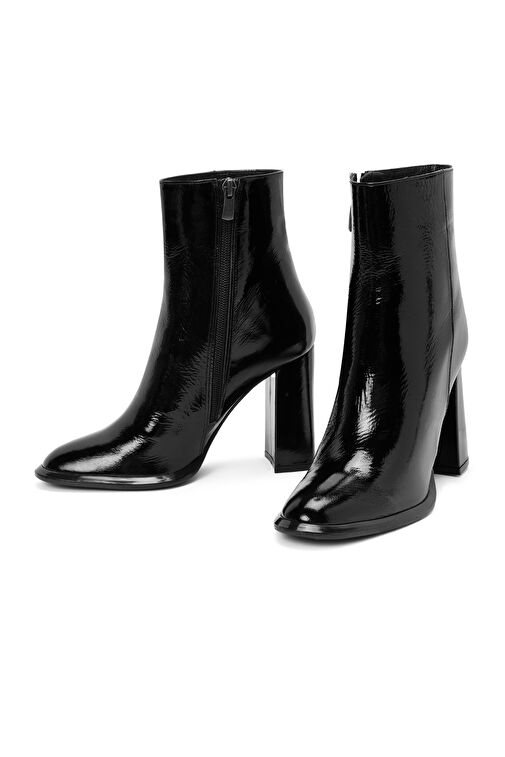 Kadın Siyah Fermuarlı Yüksek Kalın Topuklu Rugan Deri Bot 24WFD132516 - Görsel 4