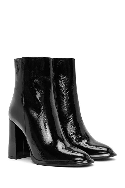 Kadın Siyah Fermuarlı Yüksek Kalın Topuklu Rugan Deri Bot 24WFD132516 - Görsel 6