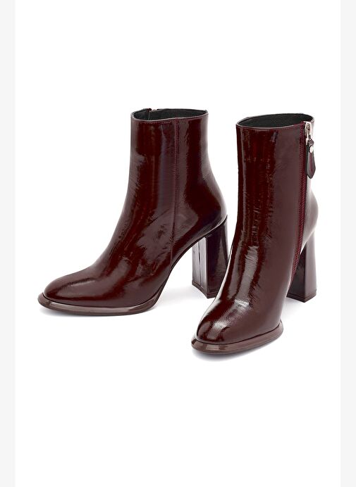 Kadın Bordo Fermuarlı Yüksek Kalın Topuklu Rugan Deri Bot 25WFD131116 - Görsel 4