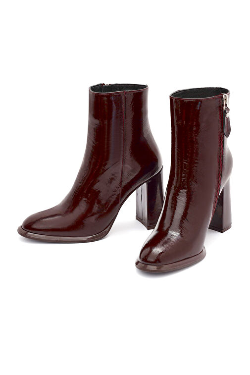 Kadın Bordo Fermuarlı Yüksek Kalın Topuklu Rugan Deri Bot 24WFD132516 - Görsel 4