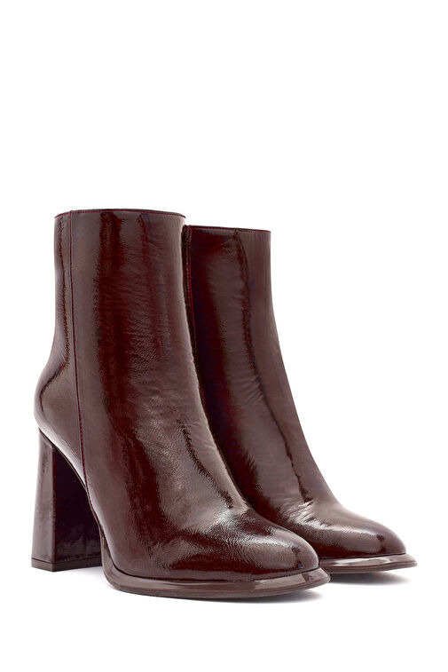 Kadın Bordo Fermuarlı Yüksek Kalın Topuklu Rugan Deri Bot 24WFD132516 - Görsel 5