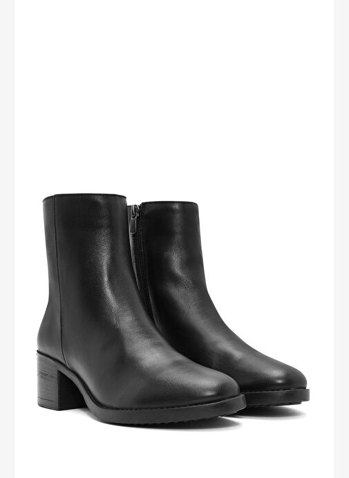 Kadın Siyah Fermuarlı Kısa Kalın Topuklu Deri Bot 25WFD280318 - Görsel 6