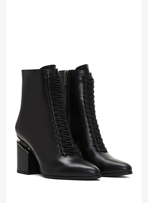 Kadın Siyah Fermuarlı Kalın Topuklu Deri Bot 25WFD100018 - Görsel 6