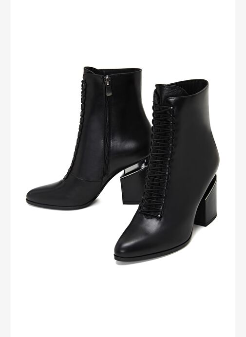 Kadın Siyah Fermuarlı Kalın Topuklu Deri Bot 25WFD100018 - Görsel 4