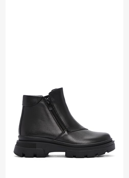 Kadın Siyah Fermuarlı Kalın Tabanlı Deri Bot 25WFD360218 - Görsel 2