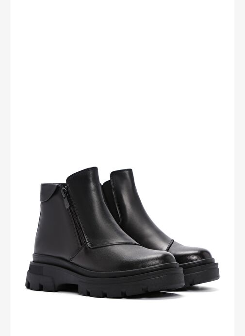 Kadın Siyah Fermuarlı Kalın Tabanlı Deri Bot 25WFD360218 - Görsel 5