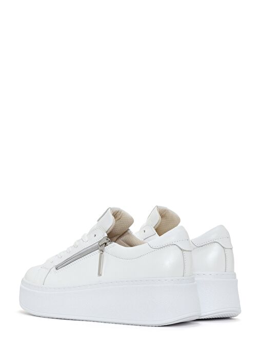 Kadın Beyaz Kalın Tabanlı Yandan Fermuarlı Bağcıklı Deri Sneaker 25SFD3702SM - Görsel 6