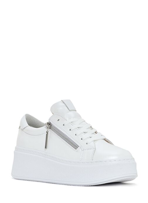 Kadın Beyaz Kalın Tabanlı Yandan Fermuarlı Bağcıklı Deri Sneaker 25SFD3702SM - Görsel 7