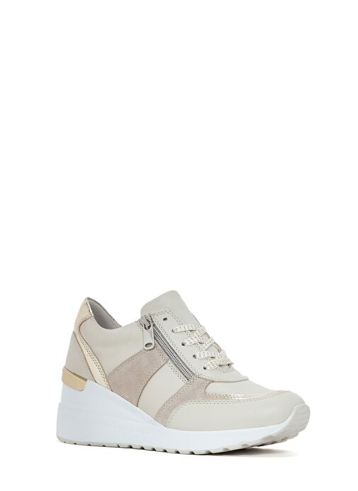 Kadın Bej Dolgu Topuklu Yandan Fermuarlı Deri Sneaker 25SFD370314 - Görsel 6