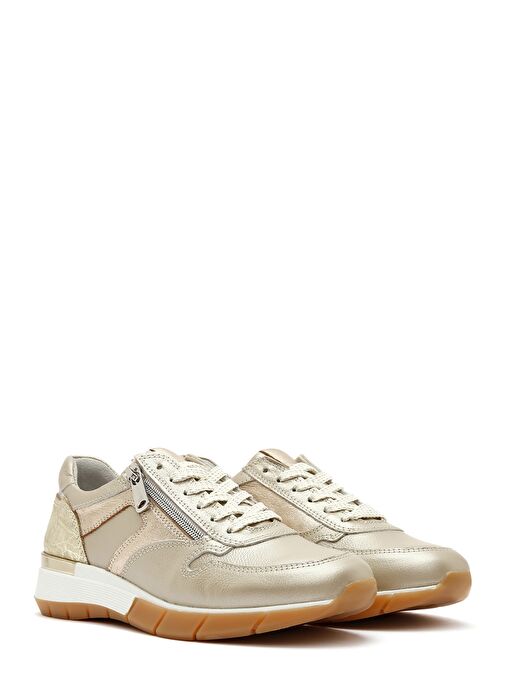 Kadın Altın Bağcıklı Yandan Fermuarlı Deri Sneaker 25SFD370514 - Görsel 4