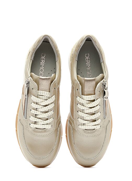 Kadın Altın Bağcıklı Yandan Fermuarlı Deri Sneaker 25SFD370514 - Görsel 8
