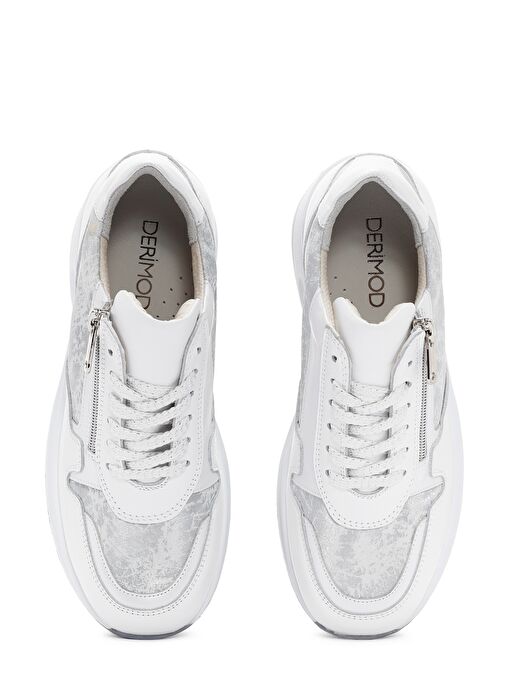 Kadın Beyaz Dolgu Topuklu Bağcıklı Deri Sneaker 25SFD370814 - Görsel 8