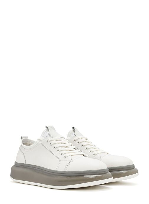Erkek Beyaz Kalın Tabanlı Bağcıklı Deri Sneaker 25SFD691418 - Görsel 4