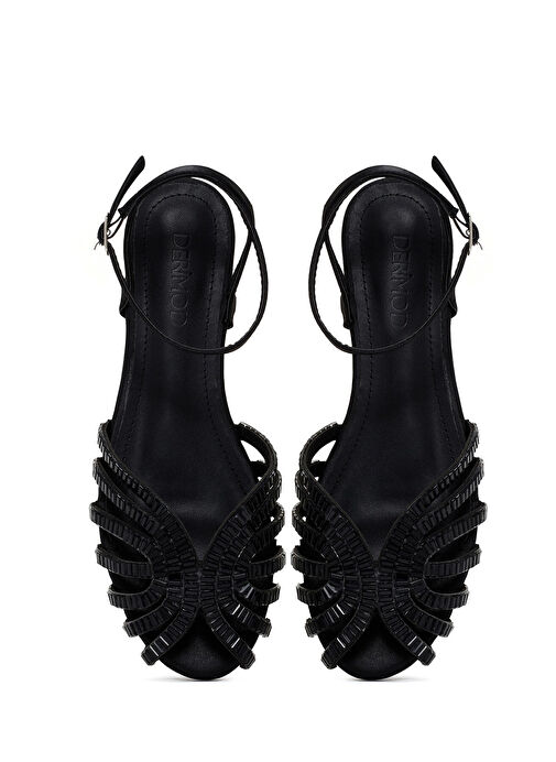 Kadın Siyah Bilekten Bağlamalı Taşlı Sandalet 25SFE450414 - Görsel 7