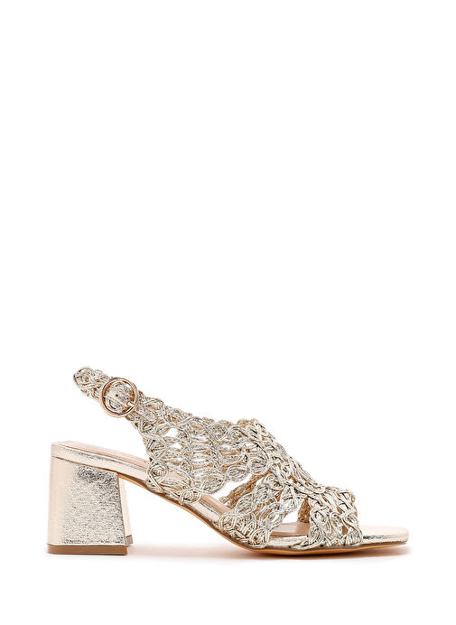 Kadın Altın Örgülü Metalik Kalın Kısa Topuklu Sandalet 25SFD440632 - Görsel 2