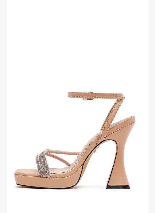 Kadın Bej Bilekten Bağlamalı Kalın Yüksek Topuklu Abiye Sandalet 25SFD441014 - Görsel 5