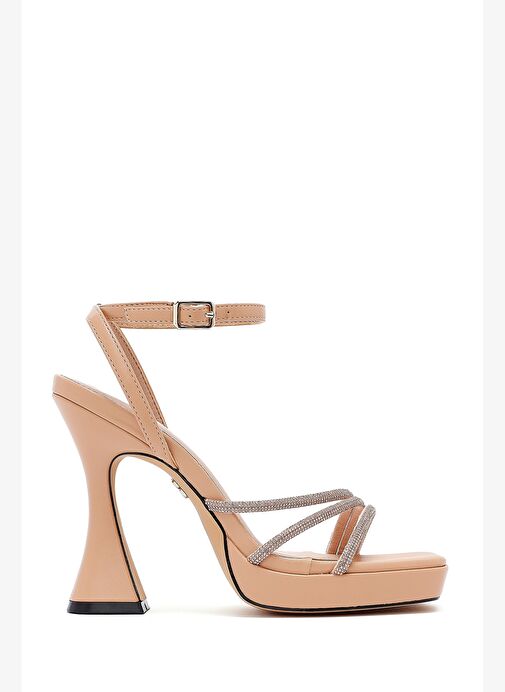 Kadın Bej Bilekten Bağlamalı Kalın Yüksek Topuklu Abiye Sandalet 25SFD441014 - Görsel 2