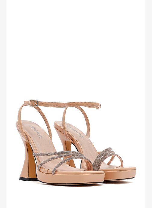 Kadın Bej Bilekten Bağlamalı Kalın Yüksek Topuklu Abiye Sandalet 25SFD441014 - Görsel 4