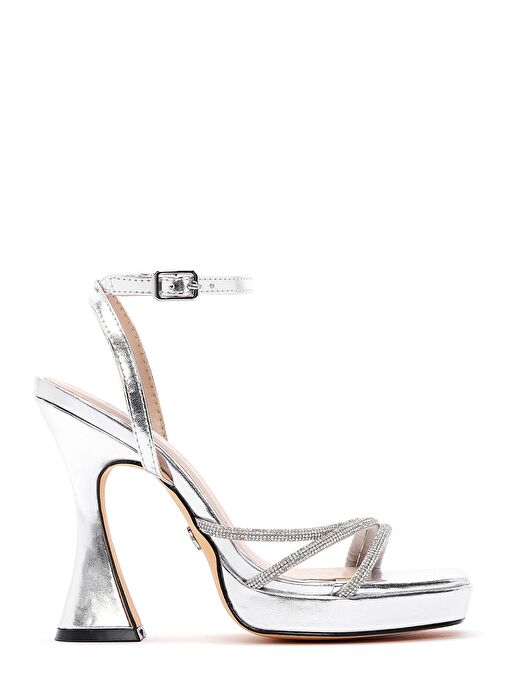 Kadın Gümüş Bilekten Bağlamalı Kalın Yüksek Topuklu Sandalet 25SFD441014 - Görsel 2