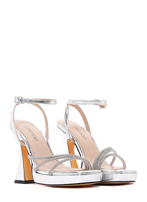 Kadın Gümüş Bilekten Bağlamalı Kalın Yüksek Topuklu Sandalet 25SFD441014 - Görsel 4