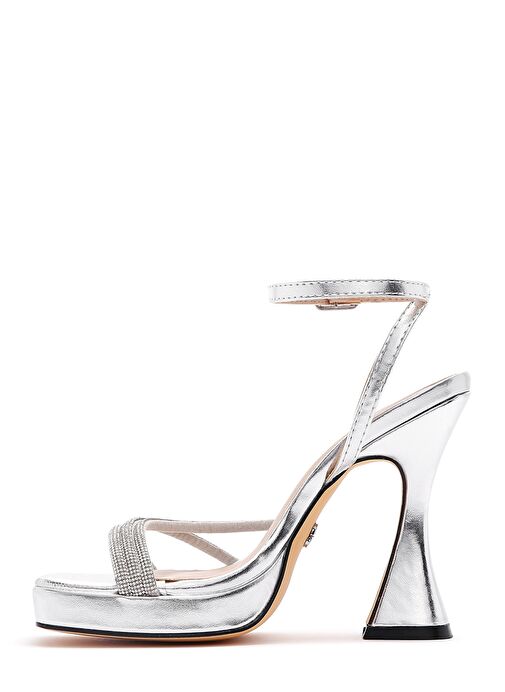 Kadın Gümüş Bilekten Bağlamalı Kalın Yüksek Topuklu Sandalet 25SFD441014 - Görsel 5