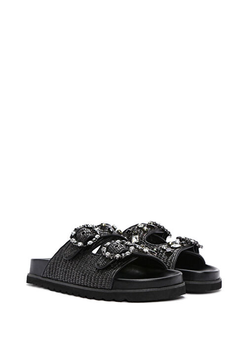 Kadın Siyah Hasır Taşlı Terlik 25SFD4403M7 - Görsel 4