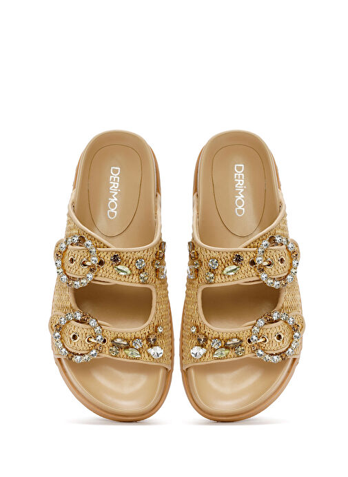 Kadın Bej Hasır Taşlı Terlik 25SFD4403M7 - Görsel 8