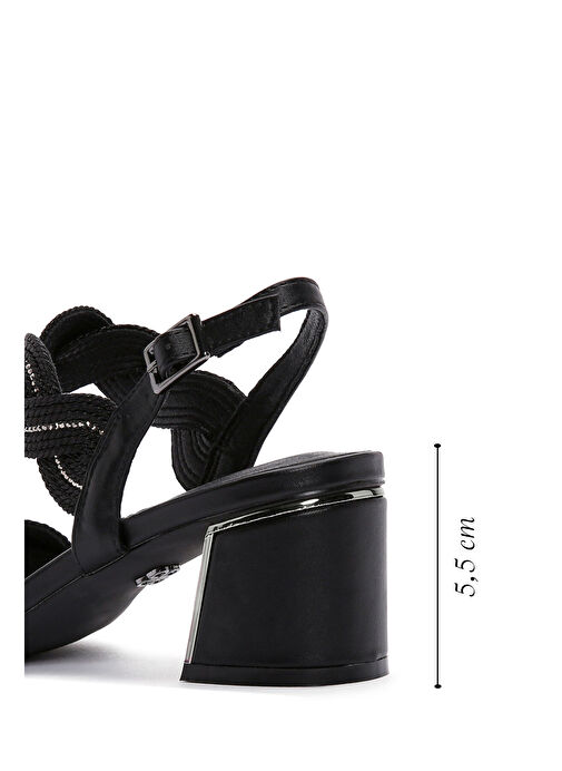 Kadın Siyah Örgülü Kalın Kısa Topuklu Sandalet 25SFD440714 - Görsel 3