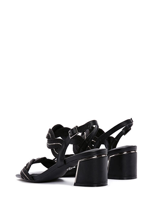 Kadın Siyah Örgülü Kalın Kısa Topuklu Sandalet 25SFD440714 - Görsel 7