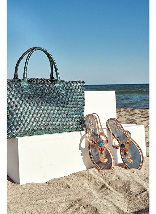 Kadın Altın Taşlı Parmak Arası Sandalet 25SFE491014 - Görsel 6