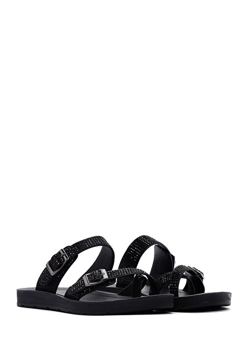 Kadın Siyah Çift Tokalı Taşlı Terlik 25SFE460114 - Görsel 4