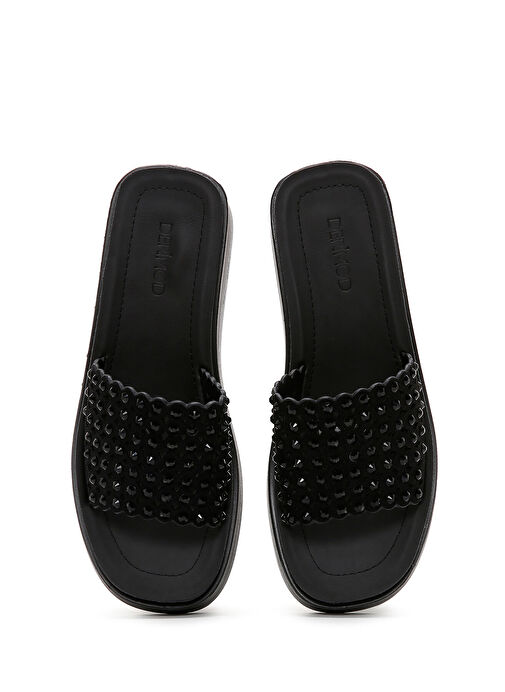 Kadın Siyah Kalın Tabanlı Taşlı Terlik 25SFE460614 - Görsel 7