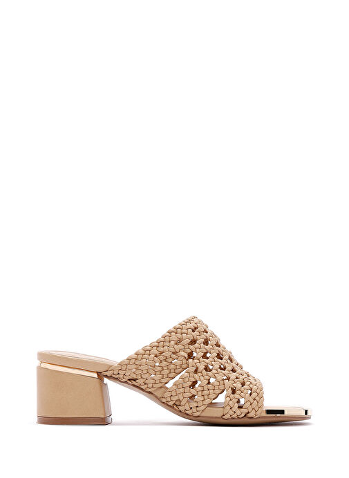 Kadın Bej Örgülü Kısa Kalın Topuklu Terlik 25SFE460918 - Görsel 2
