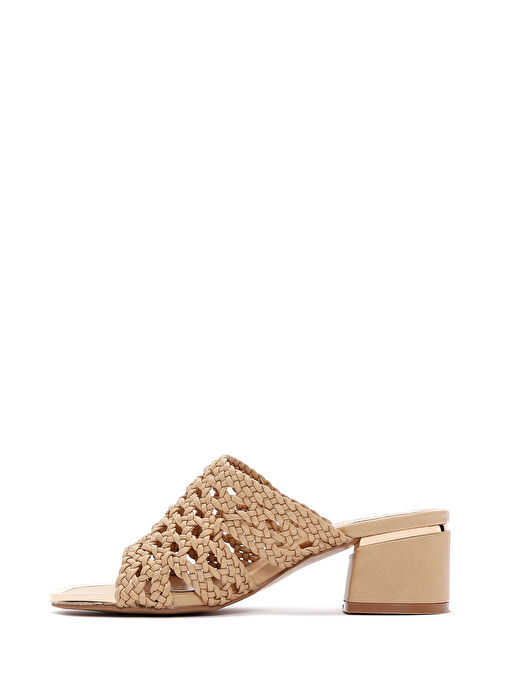 Kadın Bej Örgülü Kısa Kalın Topuklu Terlik 25SFE460918 - Görsel 3
